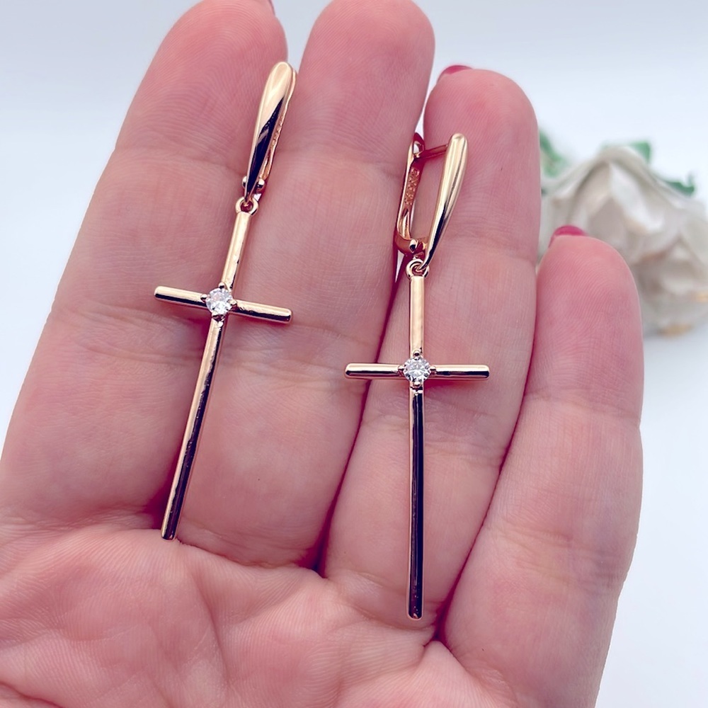 ROSE gold plated cubic zircon cross earrings - Picture 2 of 6